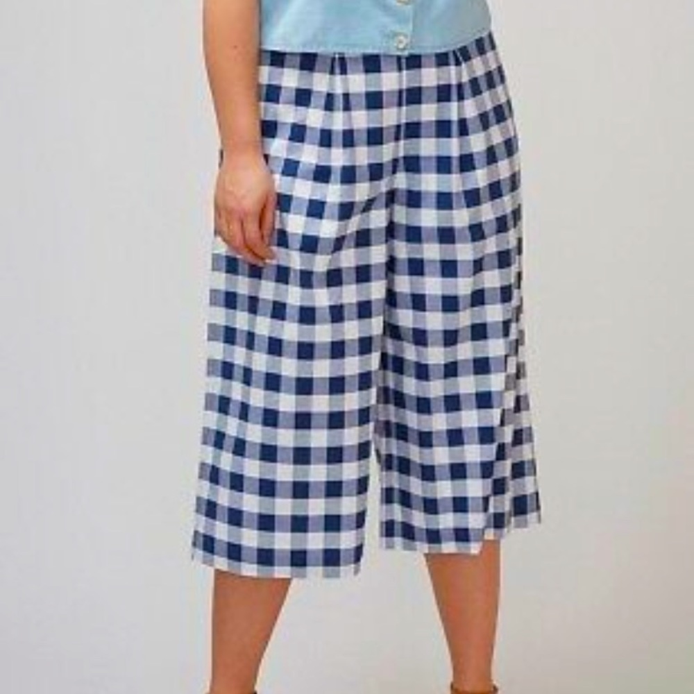 Lane Bryant Fast Lane Blue & White Gingham Wide Leg Culotte Cropped Pants sz 28